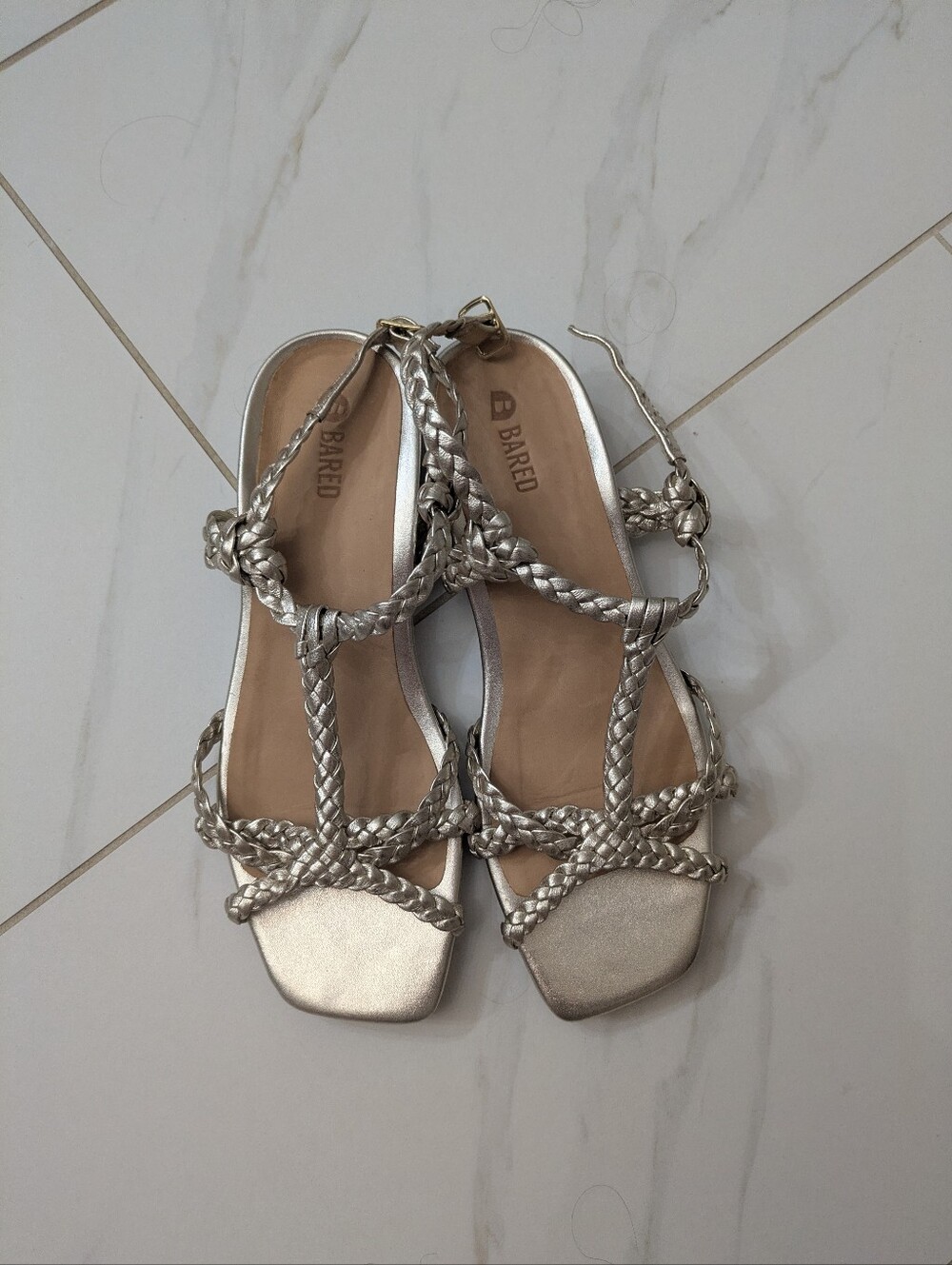 Bared Footwear - Metallic Gold Braided T-Strap sandals